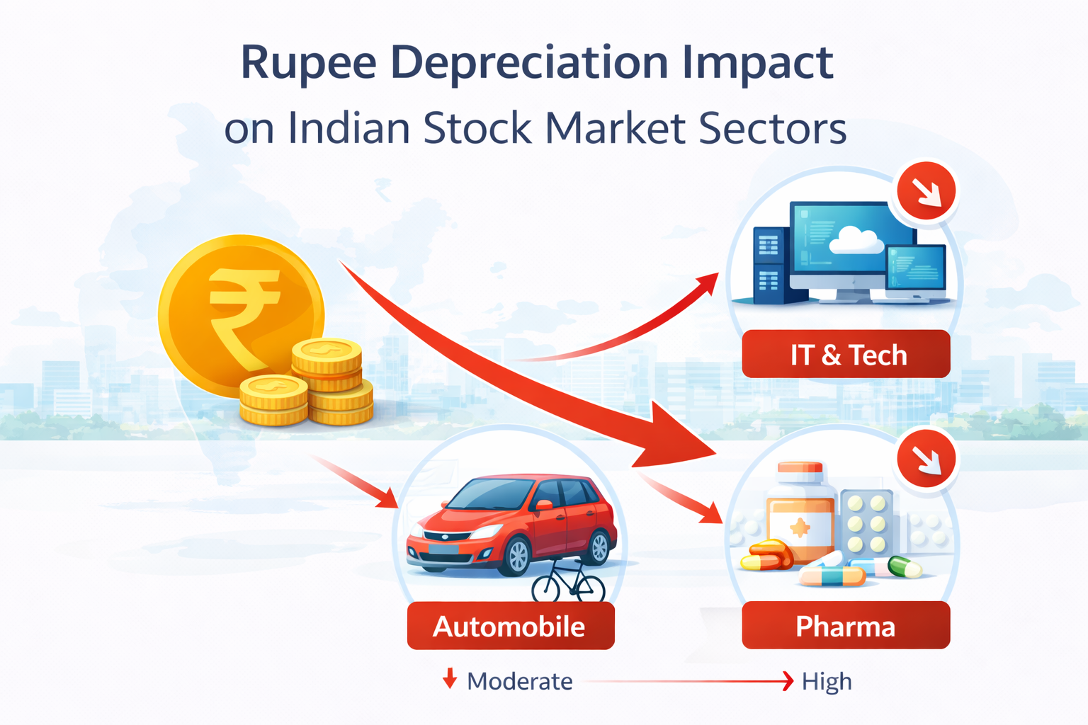 Rupee depreciation impact on Indian stock market sectors infographic